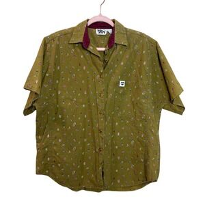 90s Sudden Impact Button Up Shirt Women's Large Green Feather Print Festival Top